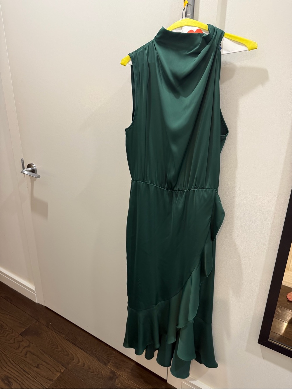 Sleeveless Emerald Green Draped Ruffle Dress asymmetrical neckline